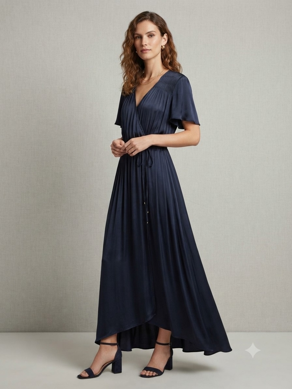 Ever New Navy Satin Wrap Maxi Dress with Flutter Sleeves